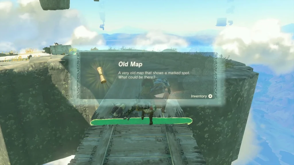 Old Map item box over a chest on a narrow plank bridge beside a sky island cliff