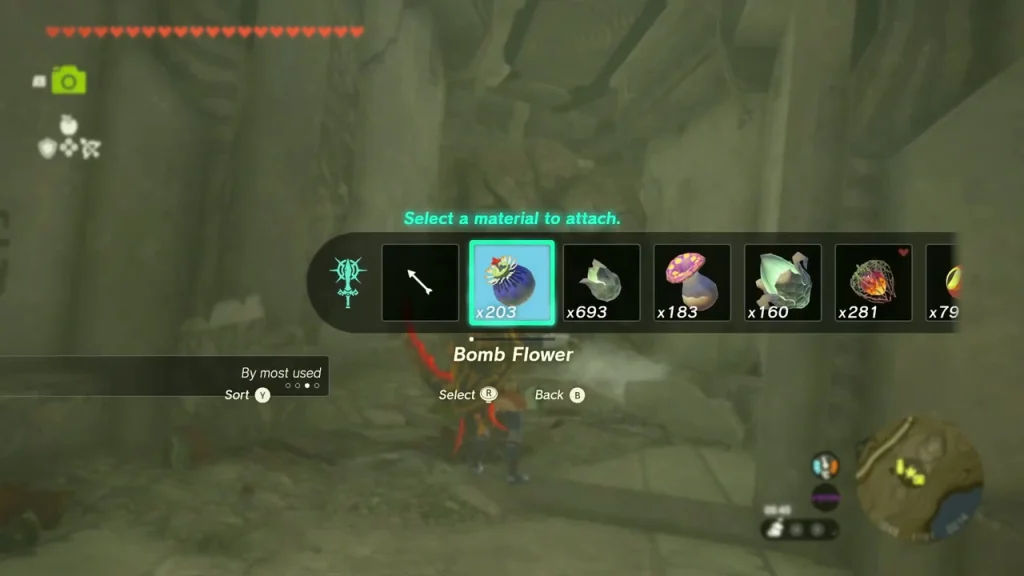 Bomb Flower material selected inside the Ring Ruin passage