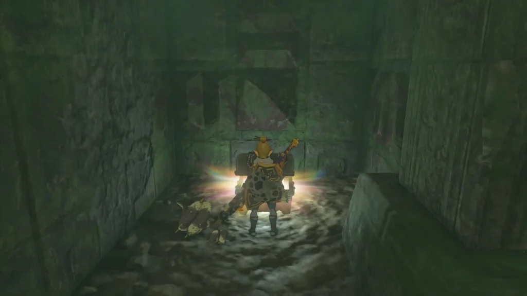 Glowing chest at the end of the well passage opening in a burst of light