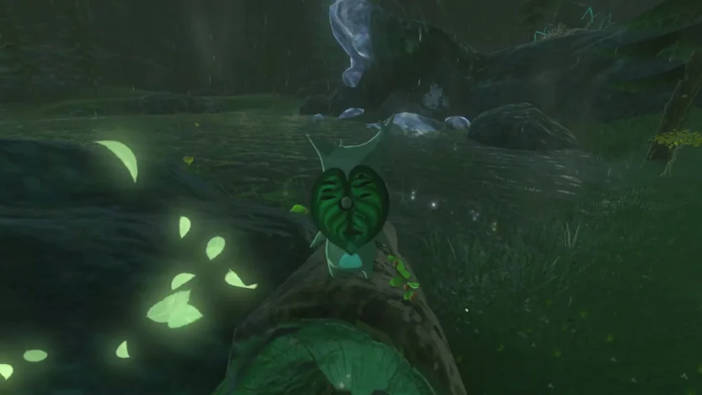 Korok and drifting leaves beside a mossy log Korok and drifting leaves beside a mossy log