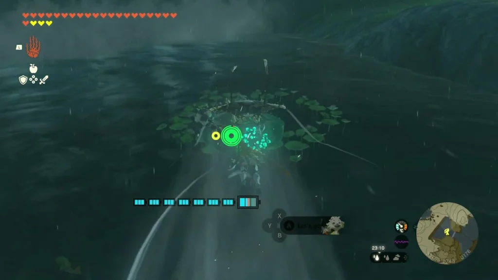 Raft-like platform and green ring on the river for the Korok Raft-like platform and green ring on the river for the Korok