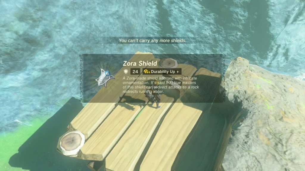 Zora Shield item box above a wooden platform chest Zora Shield item box above a wooden platform chest