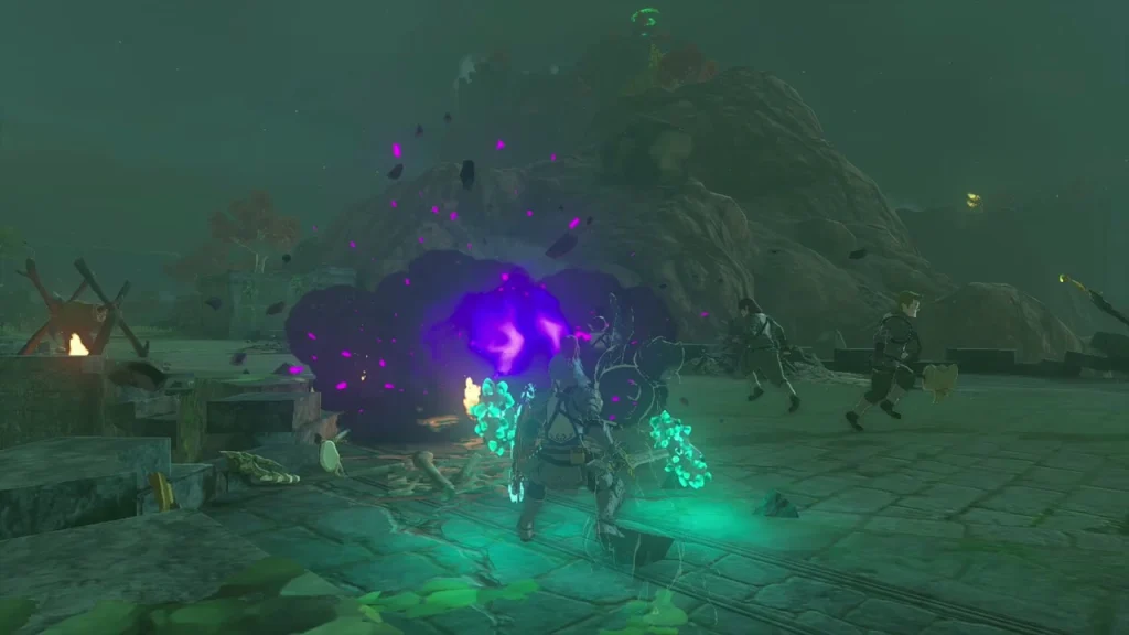 Dark purple smoke bursting around monsters in the fort courtyard Dark purple smoke bursting around monsters in the fort courtyard