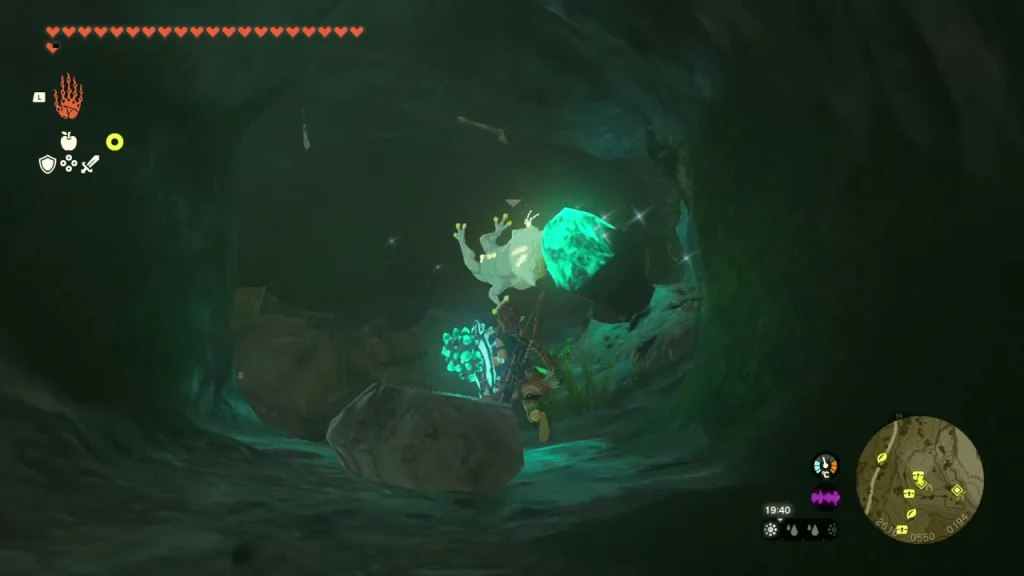 Cave passage with a chest marker in the Mountainside Cave Cave passage with a chest marker in the Mountainside Cave