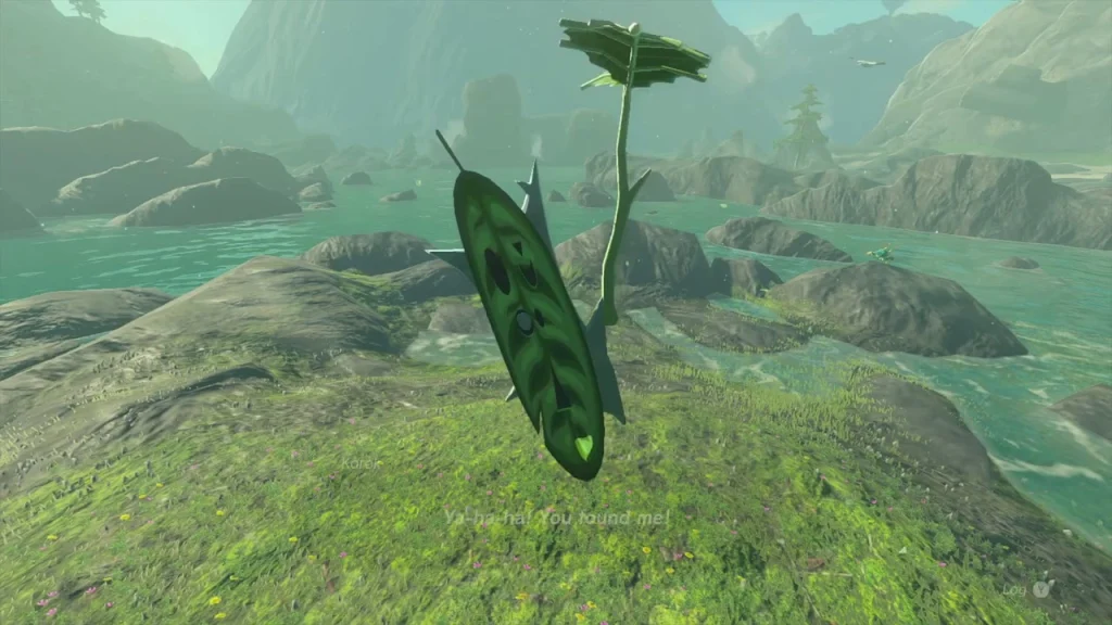 Korok with a large leaf on the stump after the target ring glide Korok with a large leaf on the stump after the target ring glide