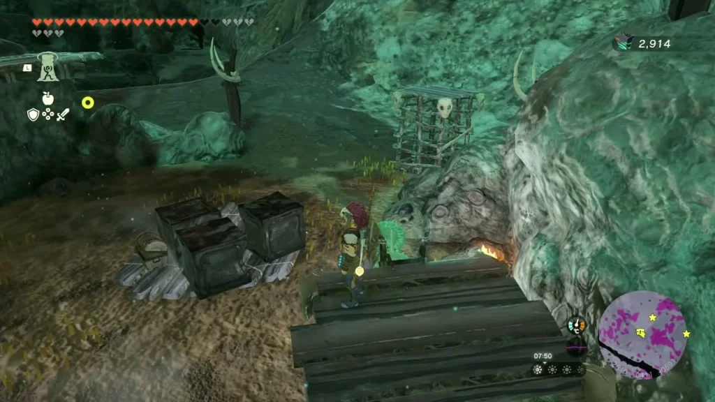 Bokoblin camp scaffold with a crate and campfire in the Depths Bokoblin camp scaffold with a crate and campfire in the Depths