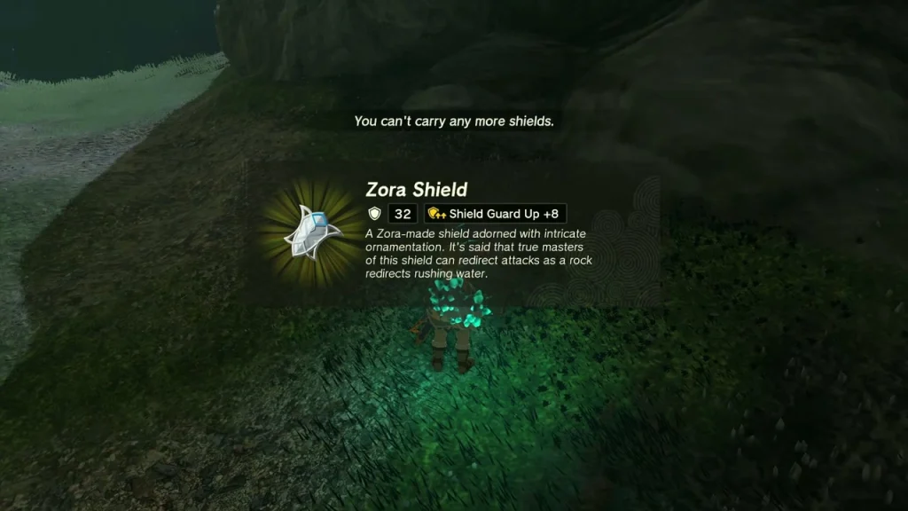Zora Shield item box above the opened chest in the gully Zora Shield item box above the opened chest in the gully