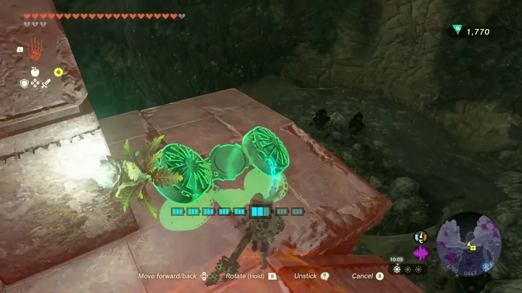 Mine ruin room with a green Ultrahand cart in the Lanayru Great Spring Depths Mine ruin room with a green Ultrahand cart in the Lanayru Great Spring Depths