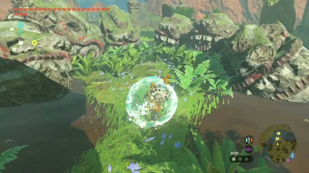 Sidon's water bubble aimed at the dragon statues on the mud flats Sidon's water bubble aimed at the dragon statues on the mud flats