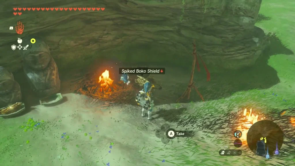 Spiked Boko Shield lying beside a campfire inside the statue cave Spiked Boko Shield lying beside a campfire inside the statue cave