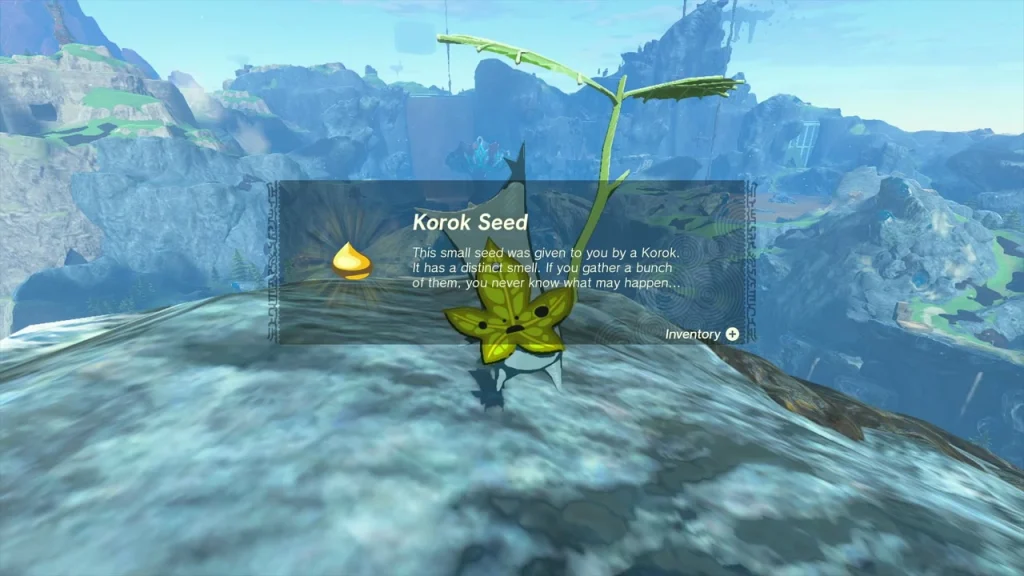Korok Seed item box beside a Korok on a frosty ridge top Korok Seed item box beside a Korok on a frosty ridge top