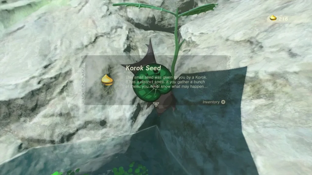 Korok Seed item box beside a Korok in a rock crevice under the ring Korok Seed item box beside a Korok in a rock crevice under the ring