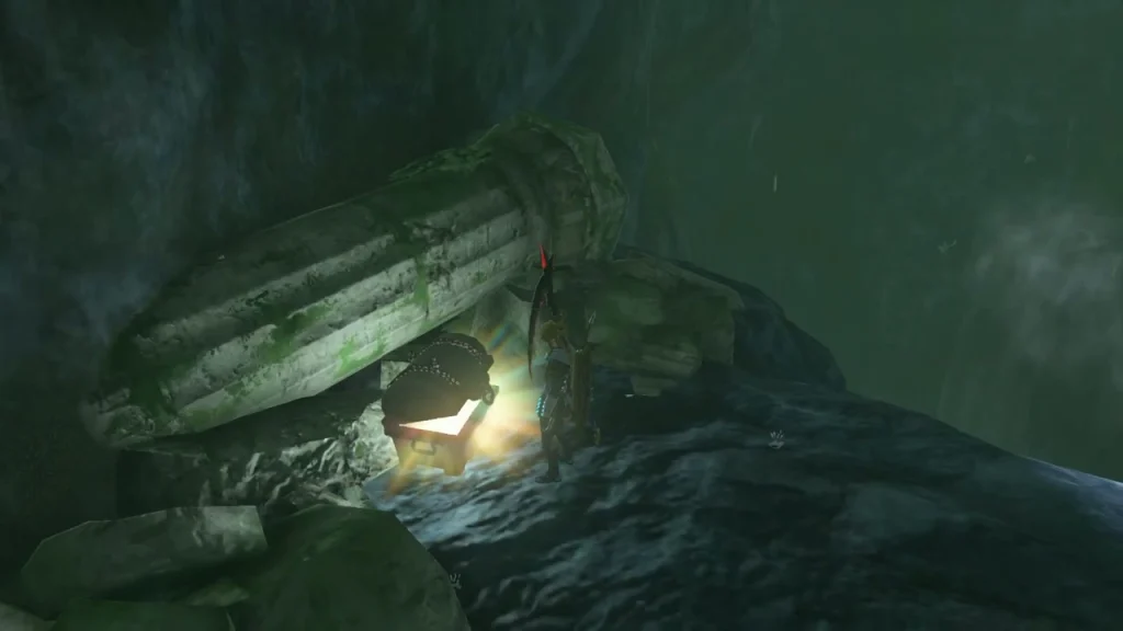 Glowing chest under a fallen stone pillar at the end of Luto's Channel Glowing chest under a fallen stone pillar at the end of Luto's Channel