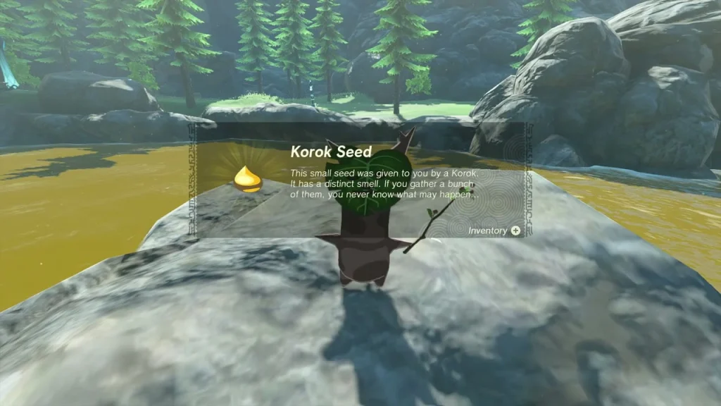 Korok Seed item box beside a Korok on a boulder in the muddy river Korok Seed item box beside a Korok on a boulder in the muddy river
