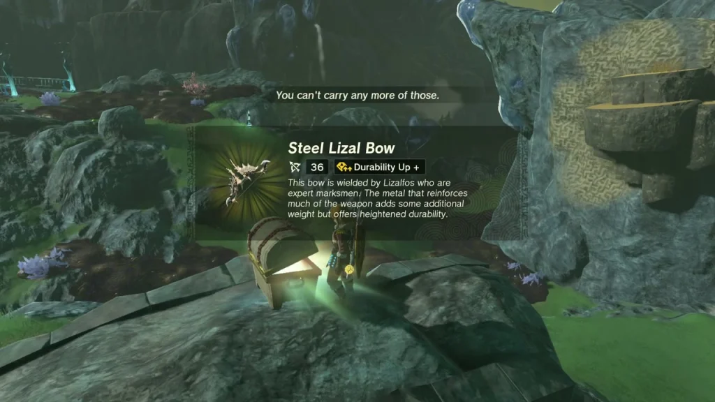 Steel Lizal Bow item box over a chest on a rock ledge Steel Lizal Bow item box over a chest on a rock ledge