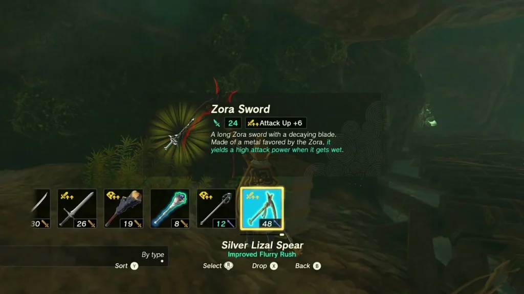 Zora Sword item box over an open chest in the cave Zora Sword item box over an open chest in the cave
