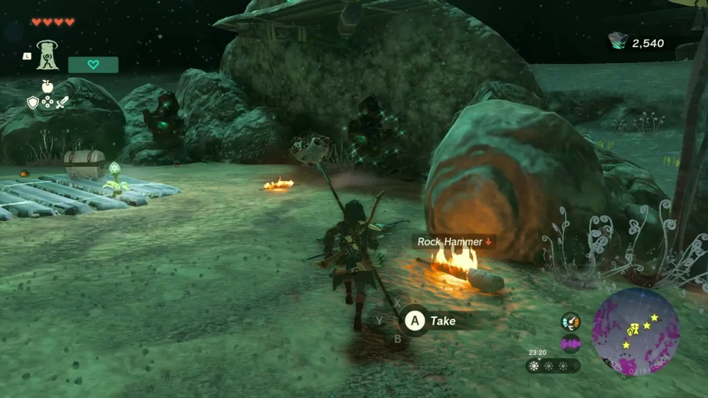 Bokoblin camp on open ground with a plank raft and chest Bokoblin camp on open ground with a plank raft and chest