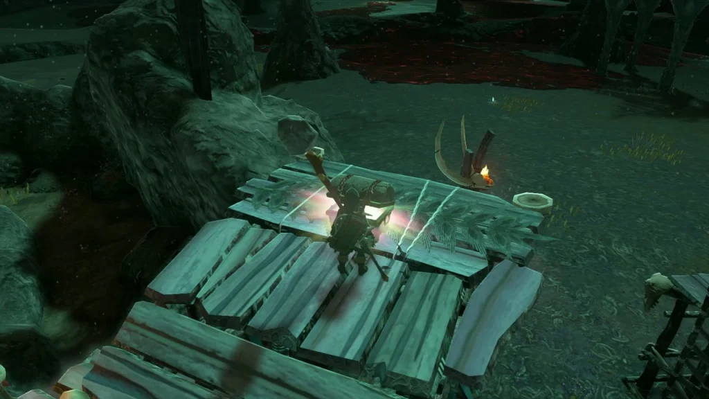 Pallet of planks with a torch and a chest at its far edge Pallet of planks with a torch and a chest at its far edge