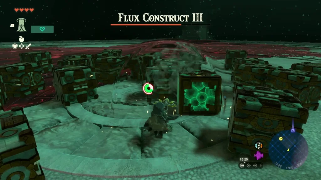 Round Zonai stone arena strewn with cubes and a glowing core cube Round Zonai stone arena strewn with cubes and a glowing core cube