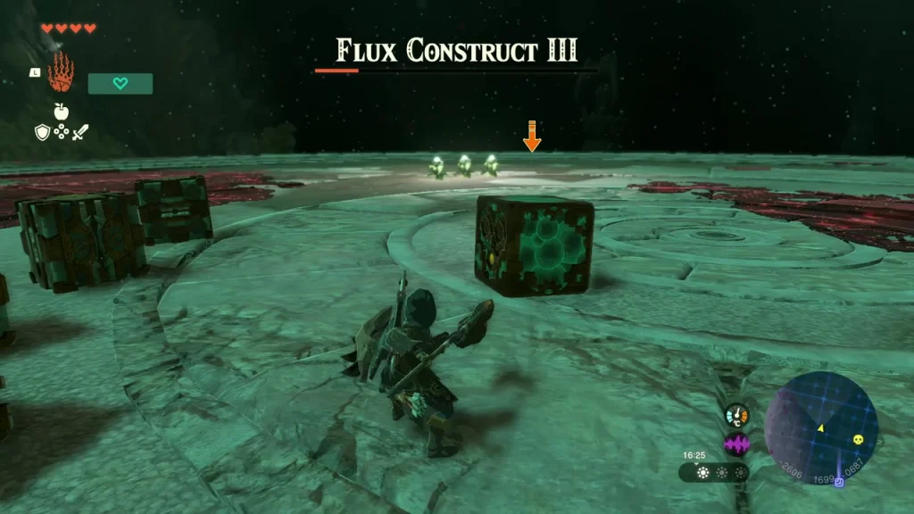 Flux Construct III block with a dark core cube on the arena floor Flux Construct III block with a dark core cube on the arena floor