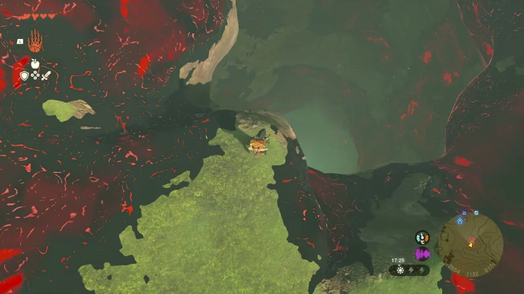Gliding down through red gloom at the edge of the Hyrule Ridge chasm Gliding down through red gloom at the edge of the Hyrule Ridge chasm