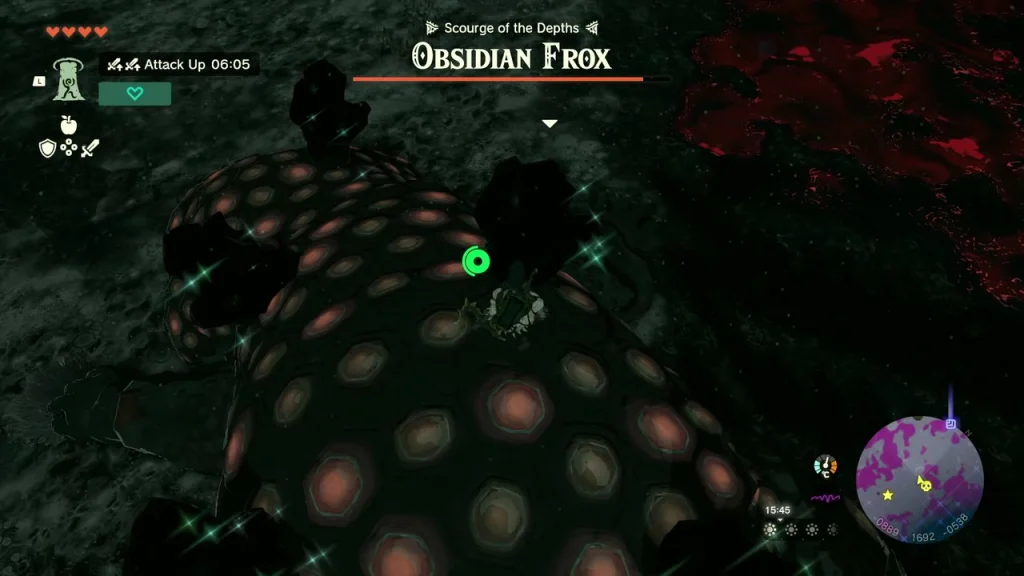Second Obsidian Frox with a glowing shell and health bar in red gloom Second Obsidian Frox with a glowing shell and health bar in red gloom