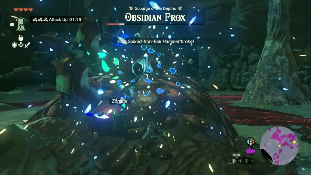 Zonaite shards bursting off the stunned Obsidian Frox shell Zonaite shards bursting off the stunned Obsidian Frox shell