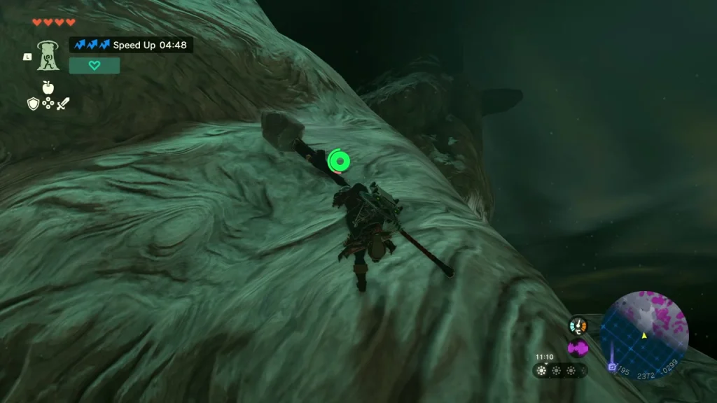 Climbing a pale mushroom ridge high above the Depths floor Climbing a pale mushroom ridge high above the Depths floor