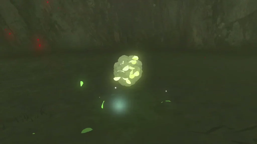 Korok appearing in the dark grass where the sparkles end Korok appearing in the dark grass where the sparkles end