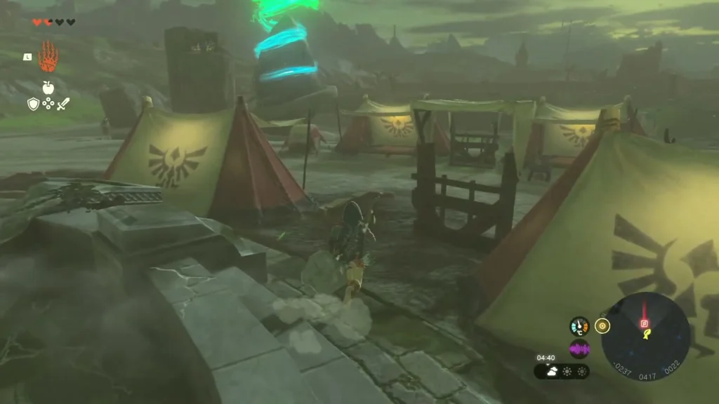 Search party tents with the Hylian crest beside the road in the ruins Search party tents with the Hylian crest beside the road in the ruins
