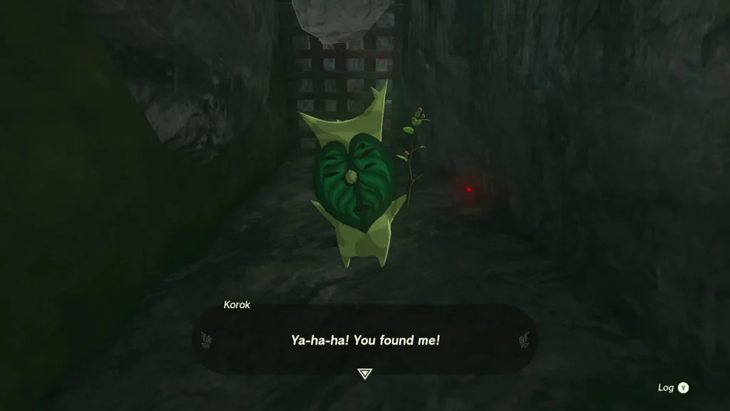 Korok in front of the iron portcullis saying Ya-ha-ha Korok in front of the iron portcullis saying Ya-ha-ha
