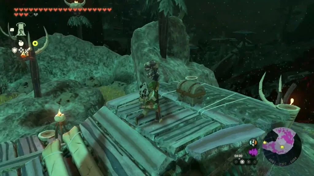 Wooden chest on a plank platform at a bone-decorated Depths camp with torches Wooden chest on a plank platform at a bone-decorated Depths camp with torches