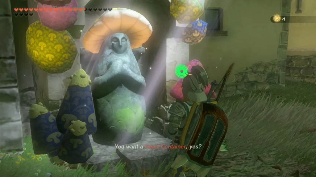 Goddess statue with a mushroom hat in a village lit by sun rays during the Heart Container offer Goddess statue with a mushroom hat in a village lit by sun rays during the Heart Container offer