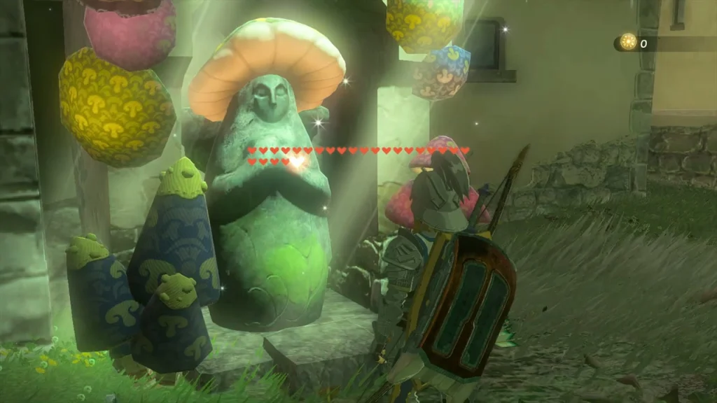 Goddess statue glowing as a new Heart Container is added after the exchange Goddess statue glowing as a new Heart Container is added after the exchange
