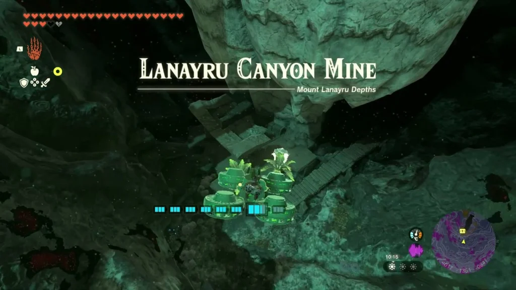 Lanayru Canyon Mine name card above a fan craft hovering over a broken stone causeway Lanayru Canyon Mine name card above a fan craft hovering over a broken stone causeway