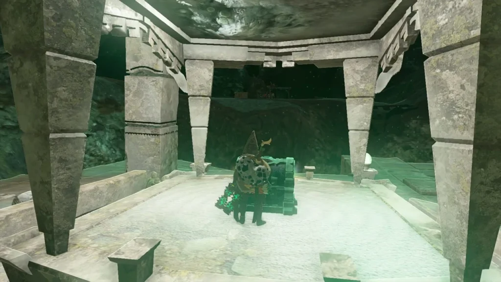 Pillared stone hall with a chest on a pedestal glowing in the Depths Pillared stone hall with a chest on a pedestal glowing in the Depths