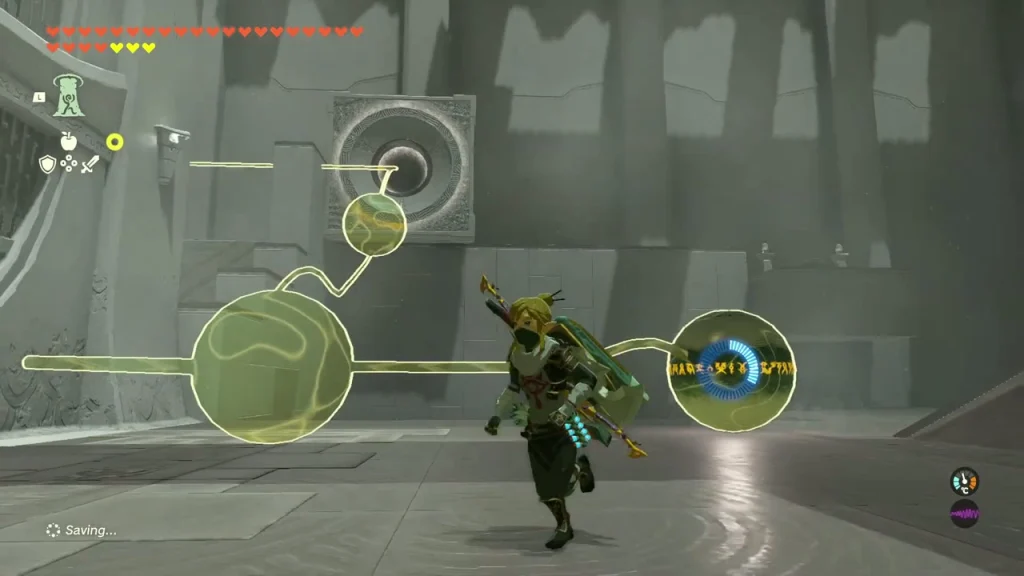 Recall path shown as yellow rails between two spheres in Anedamimik Shrine Recall path shown as yellow rails between two spheres in Anedamimik Shrine