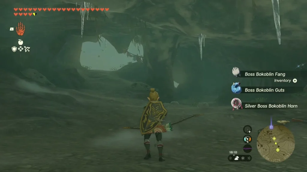 Boss Bokoblin Fang, Guts and Silver Horn pickups under a cave opening Boss Bokoblin Fang, Guts and Silver Horn pickups under a cave opening