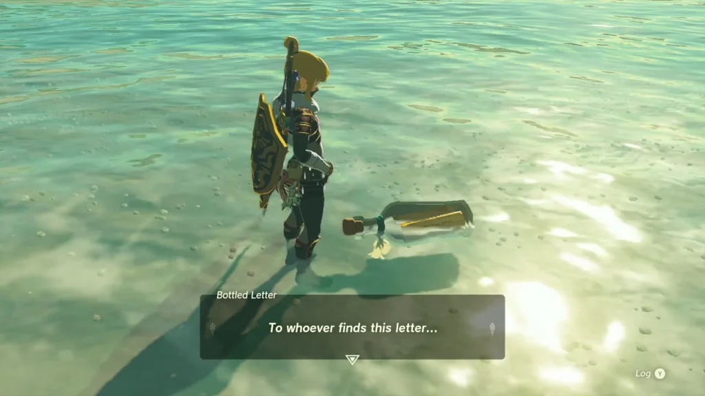 Message bottle lying in the shallows of Hateno Bay with its letter text open Message bottle lying in the shallows of Hateno Bay with its letter text open