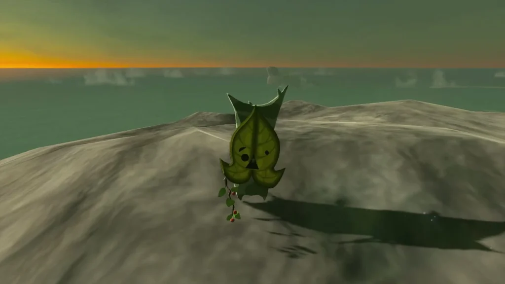 Korok on a rocky headland at sunset after lifting the stone Korok on a rocky headland at sunset after lifting the stone