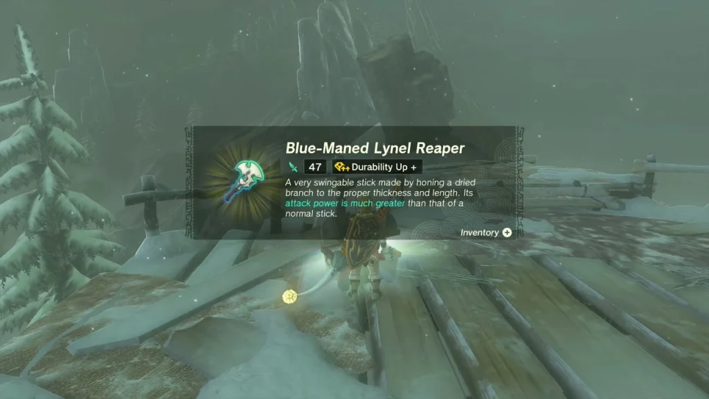Blue-Maned Lynel Reaper item box on a snowy plank bridge Blue-Maned Lynel Reaper item box on a snowy plank bridge