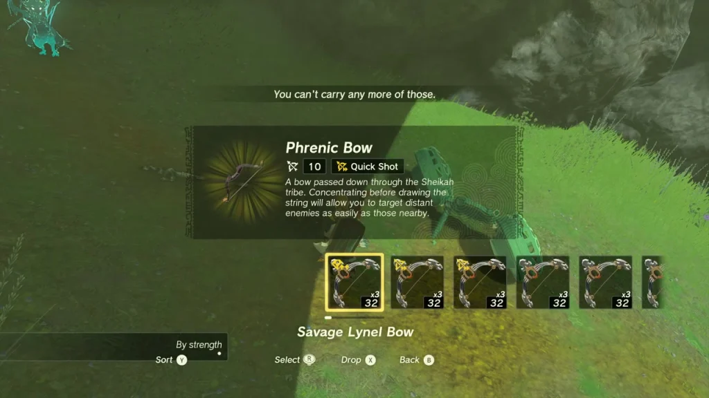 Phrenic Bow item box on a green hillside near the Hinox Phrenic Bow item box on a green hillside near the Hinox