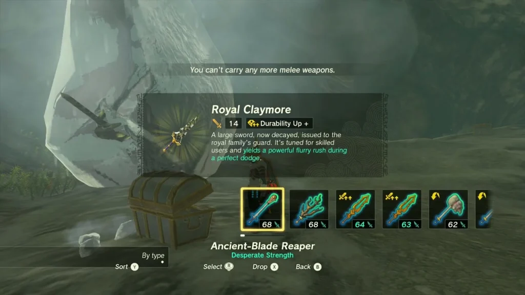 Royal Claymore item box over an opened chest in Walnot Mountain Cave Royal Claymore item box over an opened chest in Walnot Mountain Cave