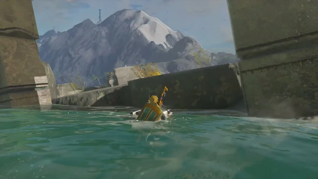Swimming through a stone gateway in the sea toward a chest Swimming through a stone gateway in the sea toward a chest