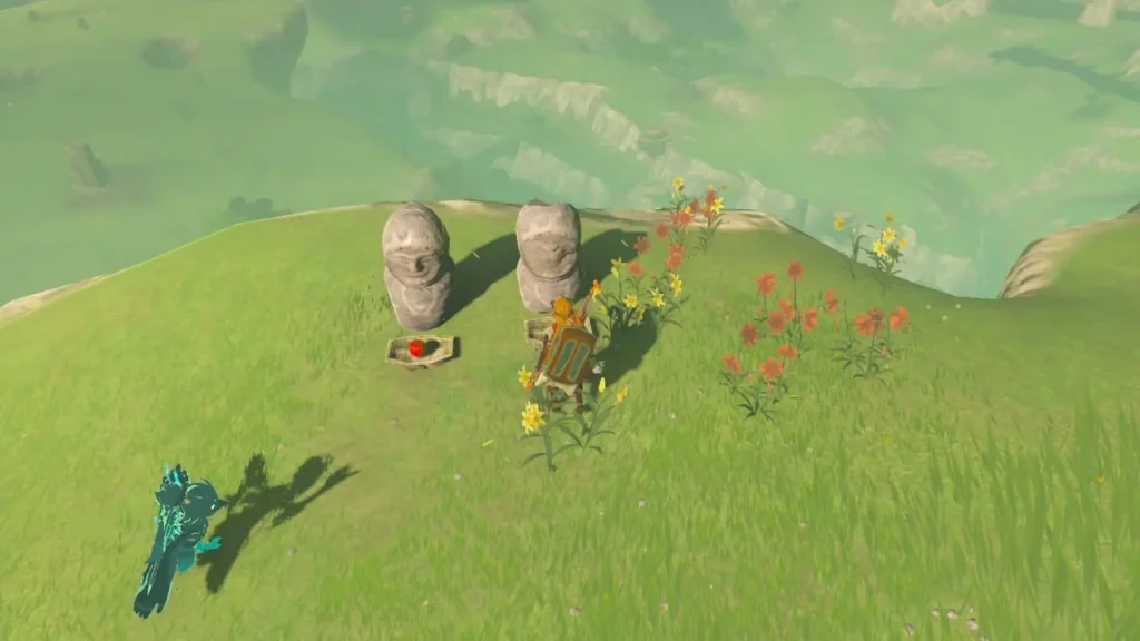 Two stone Korok statues on a flowering hill with an apple dish at their feet Two stone Korok statues on a flowering hill with an apple dish at their feet