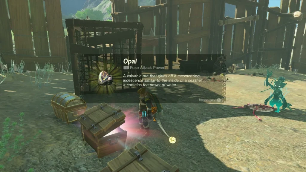 Opal gem box shown beside an open chest and a caged crate in the Bokoblin camp Opal gem box shown beside an open chest and a caged crate in the Bokoblin camp