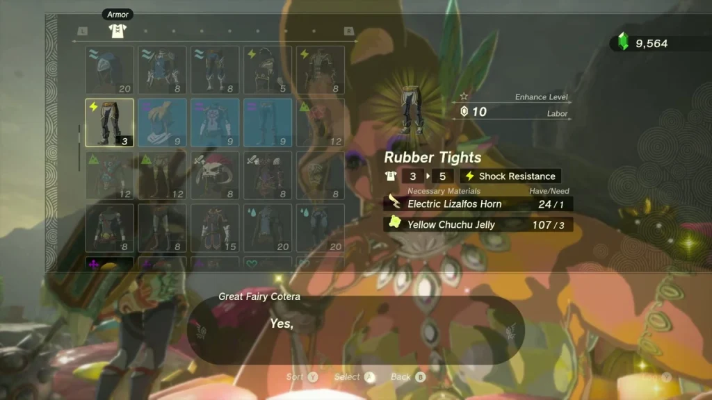 Rubber Tights shown in the armor enhancement menu at the Great Fairy Rubber Tights shown in the armor enhancement menu at the Great Fairy