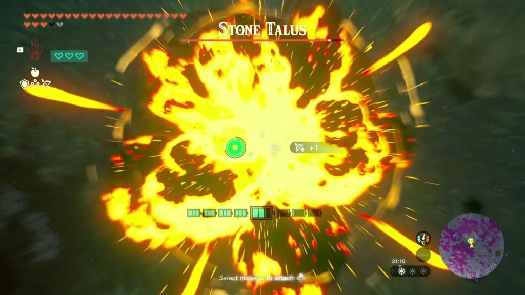 Bomb blast engulfing the Stone Talus in a orange fireball in the dark cavern Bomb blast engulfing the Stone Talus in a orange fireball in the dark cavern