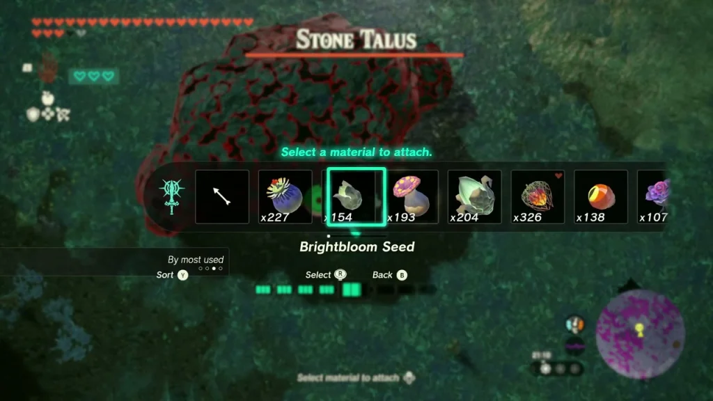 Stone Talus health bar and a material selection list for fusing arrow ammunition Stone Talus health bar and a material selection list for fusing arrow ammunition