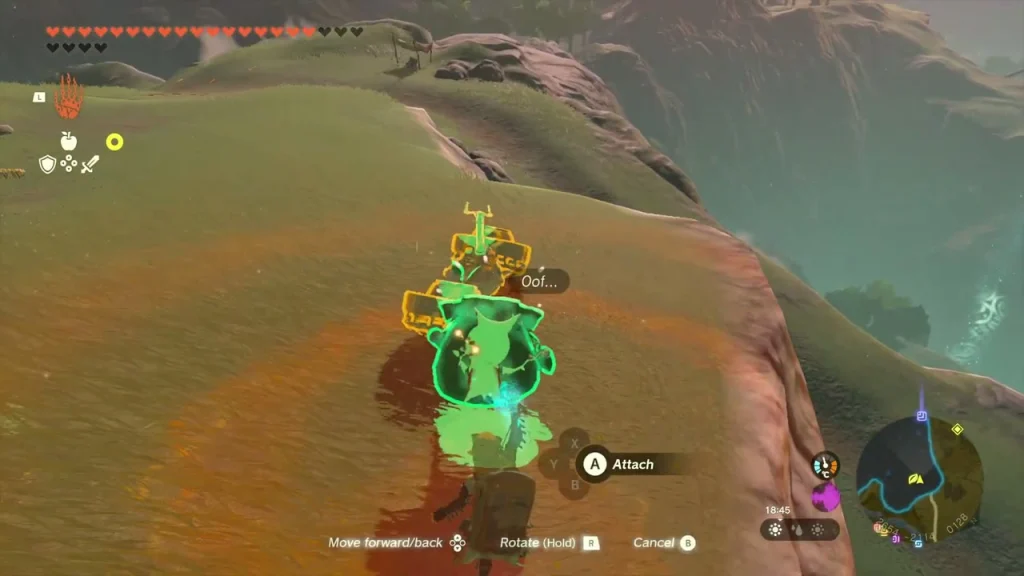 Zonai device being attached to carry the tired Korok across an orange-lit hillside Zonai device being attached to carry the tired Korok across an orange-lit hillside